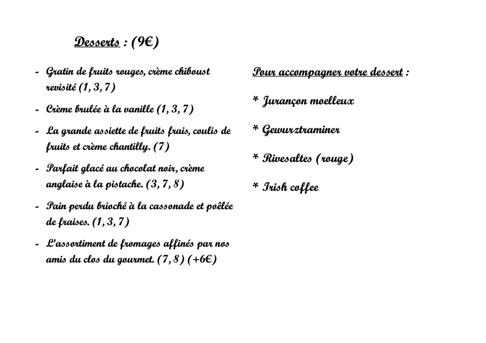 Carte des desserts